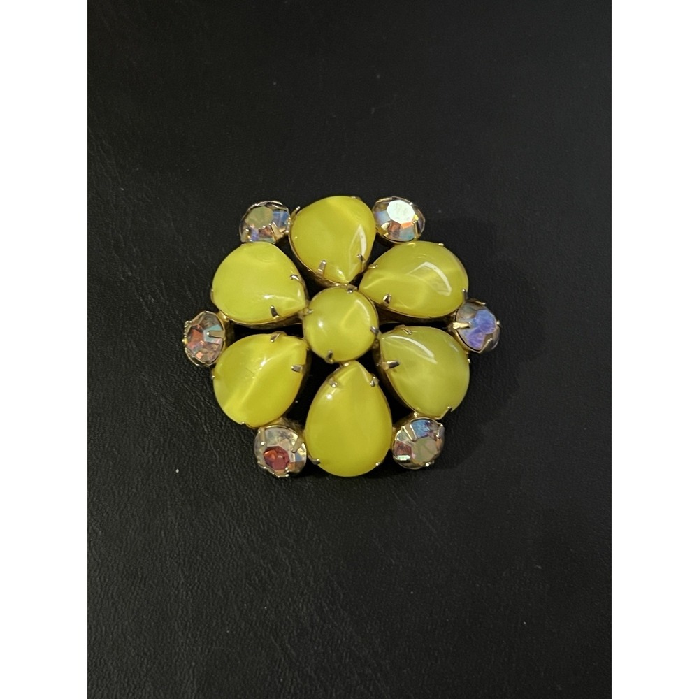 VINTAGE yellow GLASS aurora borealis RHINESTONE BROOCH pin prong - Picture 4 of 13